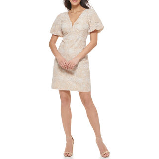 Guess women's short eyelet puff sleeve bodycon dress khaki/white 12