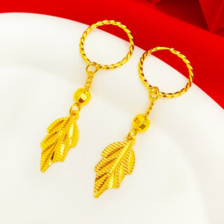 Jianying silk gold branches and jade leaves earrings 9999 sand gold earrings 18k simulated full gold color long retro earrings that do not fade 719#