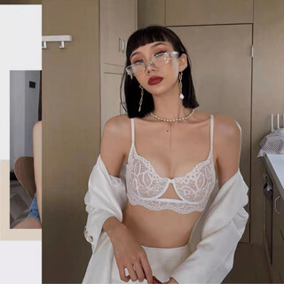 Aimu autumn and summer thin sexy hollow underwear push-up anti-sagging big breasts showing small lace bra white + chest stickers + underwear 34/75/bcd