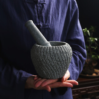Boguo xiong handmade retro bluestone mortar garlic press garlic masher pot stone cup mortar garlic mortar stone nest stone mortar retro threaded old stone mortar outer diameter 16cm