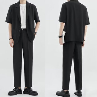 Goku men's suit summer short-sleeved youth light business suit three-piece college student graduation interview job black short-sleeved suit + white t + black trousers l weight 120-130 jin jin equals 0.5 kg