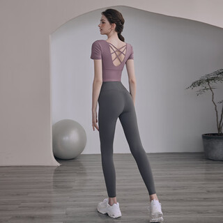 Epih 拋cum佃晟 yoga suit for women, beautiful pilates training clothes, fitness sportswear 20 ah practice, lotus purple short sleeves + dark gray leggings l