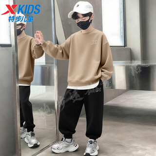 Xtep children's sweatshirt 2025 autumn new knitted round neck boys long-sleeved t-shirt girls casual pullover bottoming autumn clothes sandstone color + leg pants regular two-piece set 160 cm