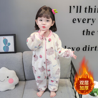 Papi monkey children's one-piece pajamas coral velvet baby girl autumn and winter plus velvet thickened flannel romper cartoon baby sleeping bag pink double layer size 80 recommended for 8-11 months (height around 75)