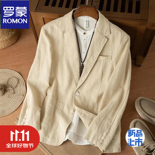 Romon suit jacket men's new casual cotton and linen old money style loose high-end loose slim ramie single layer suit jacket khaki 2xl