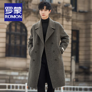Romon light luxury and fashionable double-breasted woolen woolen coat men's spring and autumn mid-length suit collar warm double-sided woolen coat taupe (70% sheep wool) xl size