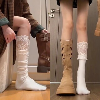 Vcictiolia socks women's calf pure cotton similar lace boots socks long autumn and winter over-the-knee white mid-calf socks color selection (package) 3 pieces