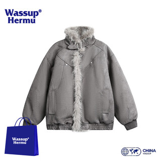 Wassup hermu official cotton clothing for men in autumn and winter cleanfit heavy mountain carving tailoring deconstructed design loose big fur collar jacket gray brown xl (recommended 130-150jin jin equals 0.5 kg)