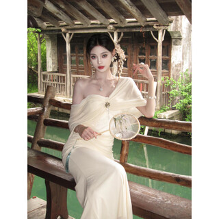 Acjk french one-shoulder dress for women, beautiful seaside wear, birthday dress with waist bag buttocks, fishtail long skirt, apricot dress_version in stock s