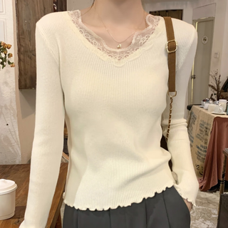 Yu zhaolin (yuzhaolin) lace knitted bottoming shirt for women autumn and winter new warm top with fungus edge v-neck sweater white one size
