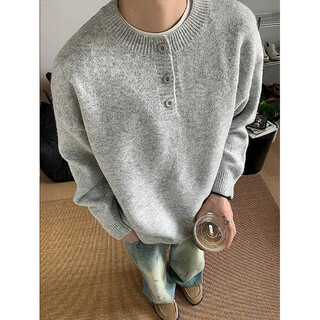 Katuchi american henry collar sweater men's spring high-end lazy bottoming sweater cleanfit with warm long sleeves light gray l