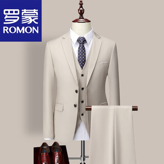 Romon men's suit suit professional formal korean style slim groom wedding dress groomsmen suit business casual suit spring apricot two-piece top + trousers m