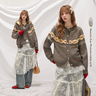 Unifree fair isle hooded sweater american retro jacquard thickened loose warm sweater jacket gray one size