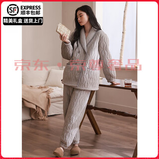 Fentengg couple new chinese style pajamas women's autumn and winter three-layer thickened padded jacket men's coral velvet home clothing set 64512 elegant gray-female (m-2xl) xl 3 layers