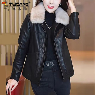 Woodpecker haining large fur collar leather jacket fashion korean style thickened velvet jacket short 2025 western style winter jacket for women removable fur collar (black) xl 100 or less