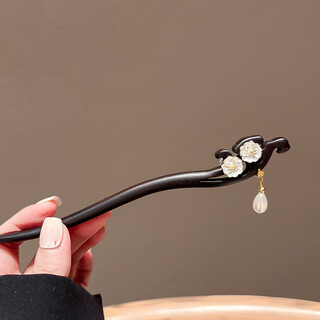 Bai shilin chinese style black wooden hairpin for women autumn and winter new chinese style flower tassel hairpin ancient style high-end hairpin flower-wooden hairpin