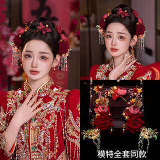 Xiuhe headdress red 2024 new chinese style bridal wear dragon and phoenix gown atmospheric wedding hair accessories model headdress + ear clip