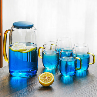 Su's ceramic high borosilicate glass large capacity cold water kettle, juice pot, cold water cup, glass cup, marble pot, gradient blue, one pot, four cups