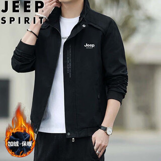 Jeep spirit jeep jacket men's autumn and winter jacket thick stand collar business loose versatile casual men's clothing black velvet xl