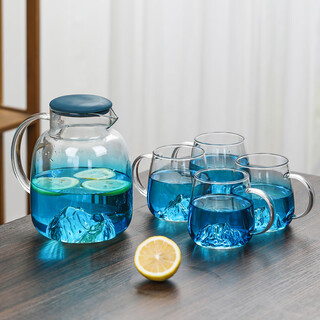 Su's ceramic high borosilicate glass large capacity cold water kettle, juice kettle, cold water cup, glass cup, mountain kettle, gradient blue, one pot, four cups