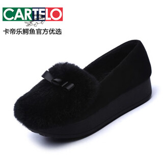 Cartelo autumn and winter korean style wedge rabbit fur shoes medium heel bean shoes women's bow tie loafers plus velvet thick-soled fur shoes for outerwear 1813 black 34