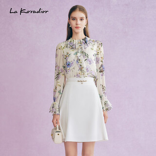 La koradior seda de morera primavera nueva camisa con cuello de encaje de seda con estampado francés para mujer amarillo claro l