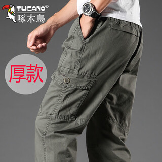 Woodpecker autumn and winter overalls men's thick casual pants loose plus size solid color simple versatile men's pants 2011 army green xl