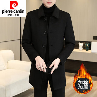 皮尔卡丹（pierre cardin）冬季加厚中长羊毛呢子大衣男保暖羽绒服外套休闲翻领貂绒衣服新品 88601/黑色/加棉款 羊毛面料 M