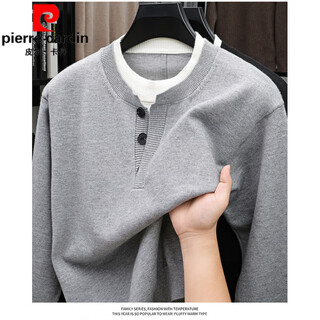 Pierre cardin (pierre cardin) american retro fake two-piece henry collar contrasting color sweater old money style lazy loose stacked small round neck sweater for men gray 2xl 180 suitable for 150-165jin jin is equal to 0.5 kg
