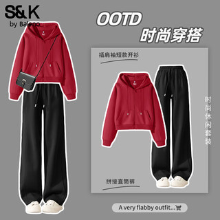 Baleno s&k series sports suit women's autumn and winter new raglan sleeve short cardigan jacket casual straight pants two-piece set cherry red # solid color + black # solid color m