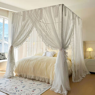 Yusenyi princess style lace mosquito net bedroom bed curtain one-piece floor-standing bed curtain windproof gauze curtain thick bracket fanhua-milkshake white 150200 aluminum alloy bracket