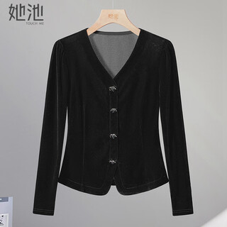 She pool v-neck single-breasted velvet shirt women's 2025 autumn new retro elegant long-sleeved shirt
