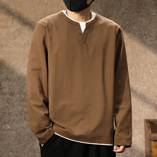 Famous american retro pure cotton henry shirt long-sleeved t-shirt men's v-neck autumn new black fake two-piece henry collar bottoming shirt brown m weight 100-130jin jin is equal to 0.5 kg