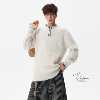 V37 american contrast lace henry collar sweater for men in autumn retro loose lazy style couple pullover sweater apricot xl