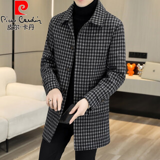皮尔卡丹男士毛呢大衣格子冬季高端妮子风衣英伦风中长款呢子外套 1005黑色【加棉款】 XL