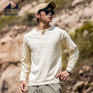 Haixing beige 300g pure cotton closed long-sleeved henley shirt men's winter casual commuting bottoming t-shirt trendy new beige xl