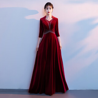 Hanyu kui chorus performance clothing women's long skirt new velvet red song competition stage performance recitation evening dress command uniform burgundy xl