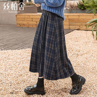 Sibaishe retro style skirt 2025 autumn new women's high waist a-line plaid zipper mid-length skirt