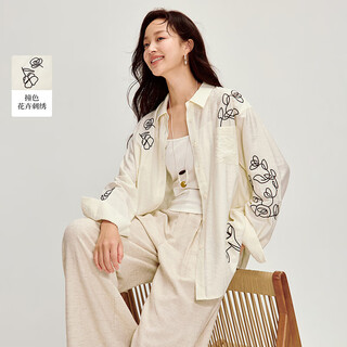 Inman commuting heavy industry contrast color floral embroidered shirt 2026 spring women's new long-sleeved shirt beige xl