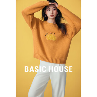 Basic house/baijiahao orange embroidery round neck sweater raglan sleeve pullover thickened knitted top autumn and winter yellow m