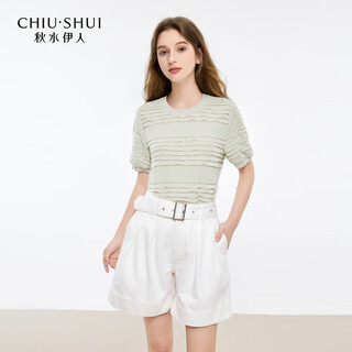 秋水伊人A字型腰带中高腰牛仔裤2025夏季女休闲简约宽松短裤 012 本白 L