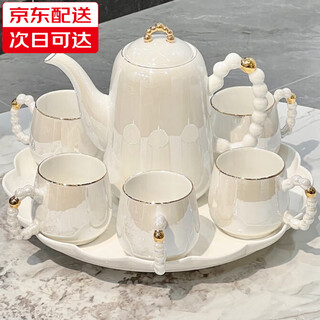 Ruishun wedding gift, light luxury high-end tea set, wedding gift, water cup, household teapot, housewarming gift, pearlescent tea set (6 cups, 1 pot, 1 tray) gift box