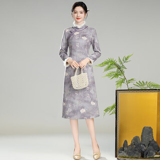 Xiuguan tangronghua 2025 winter new style suede thickened warm mink fur collar new chinese style improved national style cheongsam skirt purple m
