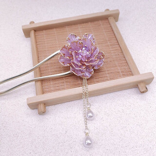 First time enjoying (chuxiang) new chinese style enamel colored peony flower u-shaped hairpin style tassel step rocking hairpin ancient style hairpin hairpin f1047 enamel colored peony flower - purple