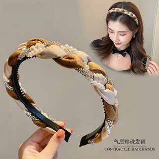 Jiaoxia net red hairband women's 2024 new versatile outing high headband hairband face wash headband pressed hairpin hair bundle headwear khaki bead style