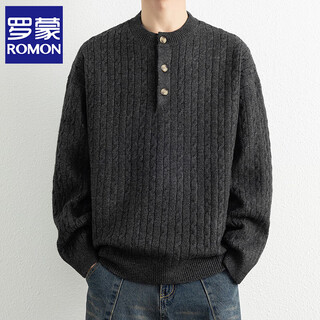 Romon lazy style sweater men's 2025 autumn and winter new retro twist henley collar bottoming sweater men's carbon black xl