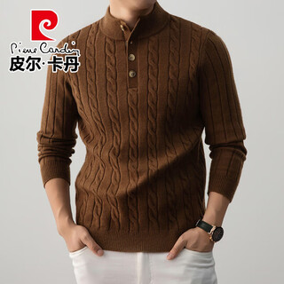 Pierre cardin flagship store heavyweight sheep wool henley collar sweater for men spring and autumn thickened warm old money style base sweater mocha brown xl 115