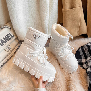 多嘴驴MULE DONKEY三角标厚底保暖雪地靴女2024冬季新款短筒防滑滑雪鞋加绒棉鞋 奶白_(高端版本) 35