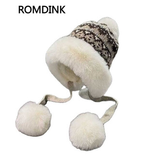 Romd i nk lei feng hat autumn and winter women's ethnic style jacquard large wool ball knitted hat plus velvet thickened warm ear protection woolen hat headband - beige