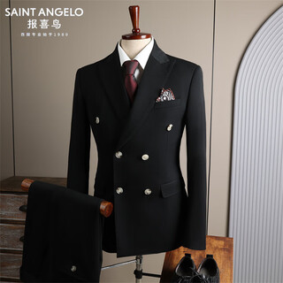 Saint angelo haute couture suit suit men's autumn and winter slim formal patch collar double-breasted suit three-piece wedding dress groomsman black double-breasted (suit + trousers) s 46 (80-100jin jin is equal to 0.5 kg)